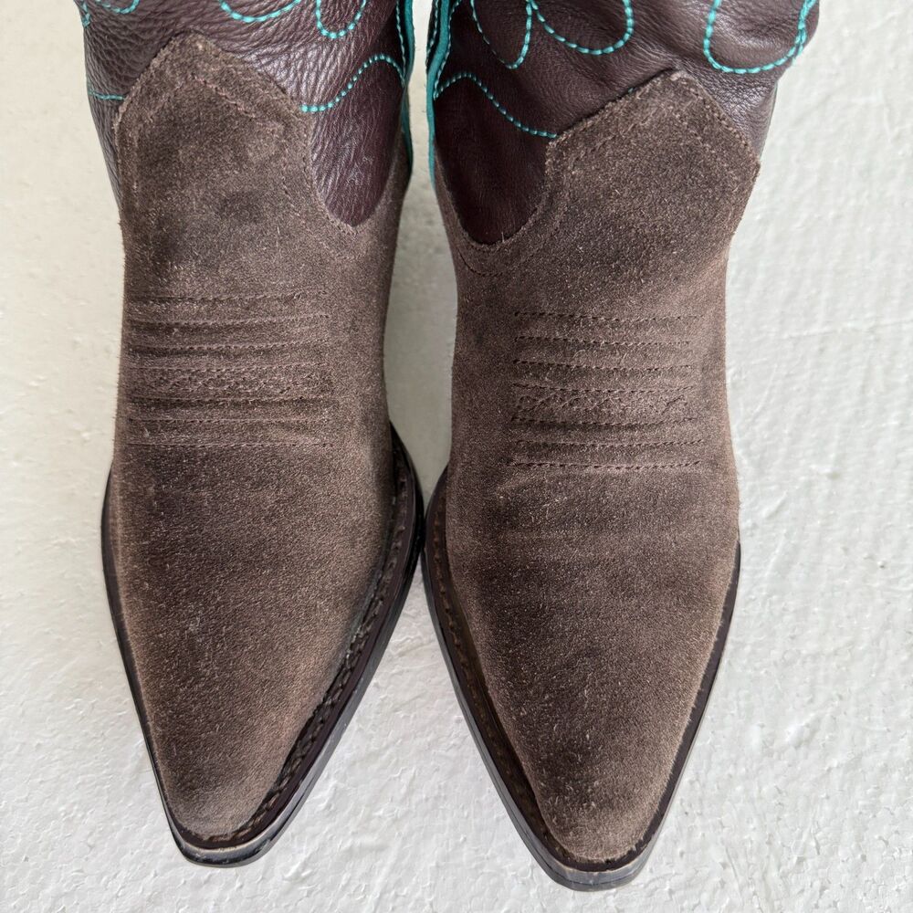 Brown Suede & Leather Cowboy Boots Turquoise Star Embroidery Women’s Size 38 - Picture 13 of 13